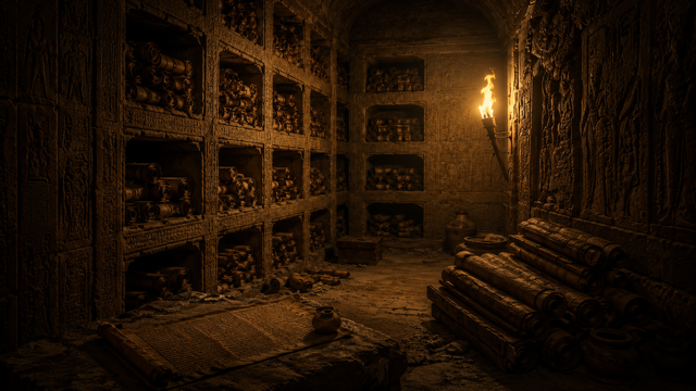 After Eden: Artistic Impression of what the interior of the Library may have looked like and how the scrolls were stored. (Ai Generated)