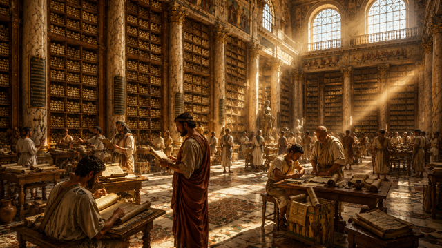 After Eden: Artistic Impression of the interior of the Library of Alexandria (Ai Generated)