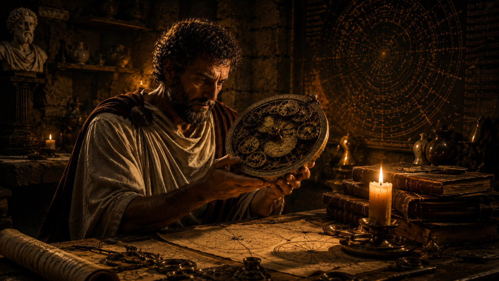 After Eden: Artists Impression of Ancient Greek Scientist Creating the Antikythera Mechanism 