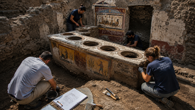 After Eden: Artistic Impression of the the thermopolium being revealed by archeologists (Ai Generated)