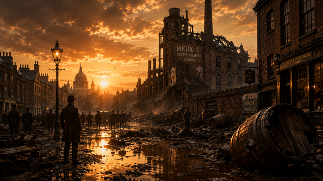 After Eden: London at sunset after the disaster with the damaged brewery in the background. (Cinematic Ai recreation)