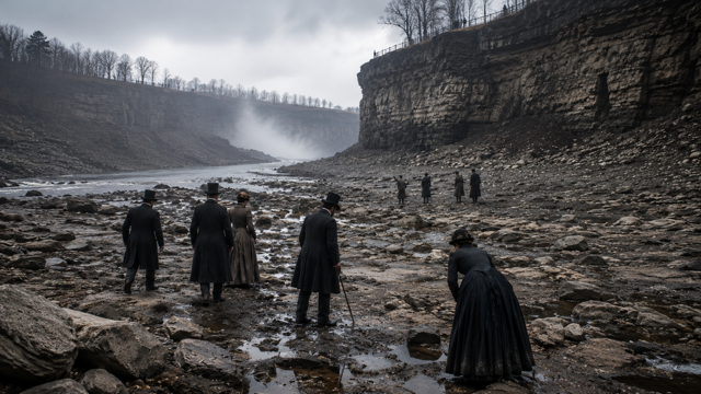 After Eden: People walking on the exposed riverbed, discovering rocks and hidden features normally under water. (Cinematic recreation - Ai Generated)
