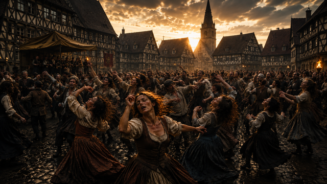 After Eden: Large crowd of medieval villagers frantically dancing in town square (Ai Generated Cinematic Visual)