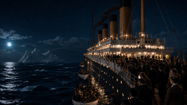 After Eden: Titanic at night after striking an iceberg, lifeboats being lowered, passengers gathering on deck. (Cinematic depiction - Ai generated image)