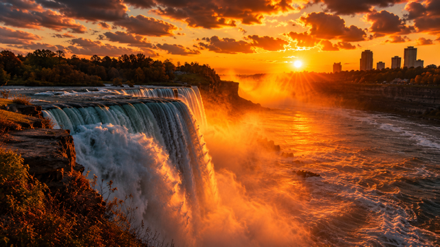 After Eden: Niagara Falls at sunset in full flow, powerful roaring waterfalls, golden light through mist. (Ai generated cinematic recreation)