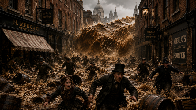 After Eden: Cinematic recreation of London street overwhelmed by wave of beer rushing through the buildings. (Ai Generated)