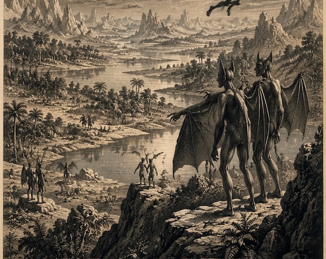 After Eden: Imagined 19th century vision of the Moon featuring forests, lakes and winged humanoid bat-people exploring a lunar landscape. (Ai Generated)