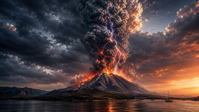 After Eden: Massive eruption of Mount Tambora in 1815, gigantic ash cloud rising high into the sky with volcanic lightning (Cinematic Ai generated depiction)