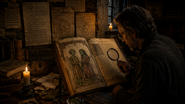 After Eden: Ancient medieval manuscript illustration of the Green Children of Woolpit beside a modern investigator studying the legend.