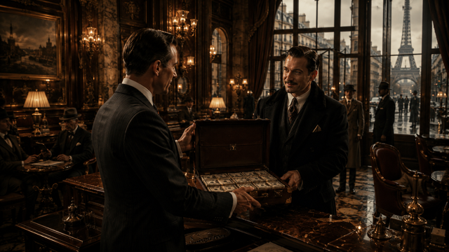 After Eden: 1920s businessman handing over a suitcase full of money to a charming conman, luxurious Parisian setting. (Ai generated image)