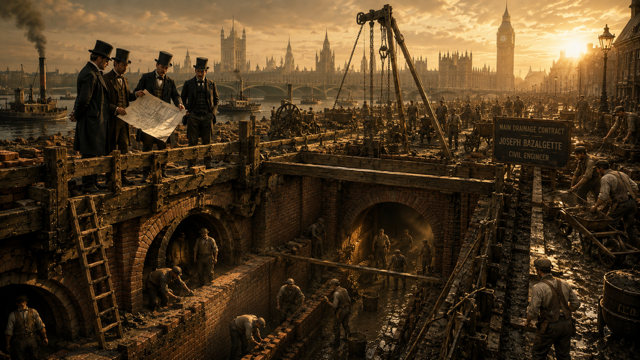 After Eden: Victorian engineers constructing London’s massive underground sewer system, workers building brick tunnels beneath the city. (Ai generated cinematic image)