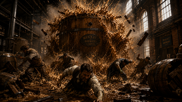 After Eden: Wooden Beer Vat Exploding, workers diving for cover. Ai Generated Cinematic Recreation