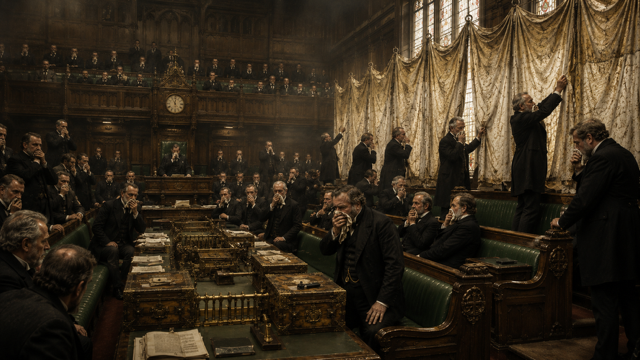 After Eden: Victorian Members of Parliament inside the House of Commons, hanging chemical-soaked curtains over windows, politicians covering noses in disgust.