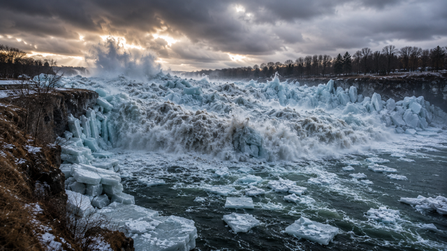 After Eden: Massive wall of ice blocking a wide river upstream, gigantic ice chunks packed together by powerful winds. (Ai generated cinematic recreation)
