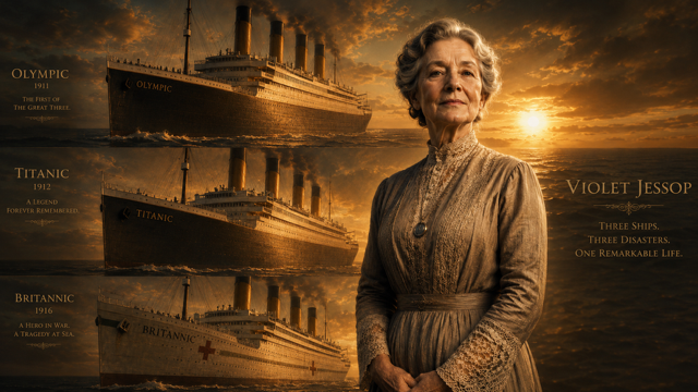 After Eden: Older Violet Jessop standing proudly against a backdrop showing Olympic, Titanic, and Britannic. (Cinematic Ai Generated Image)