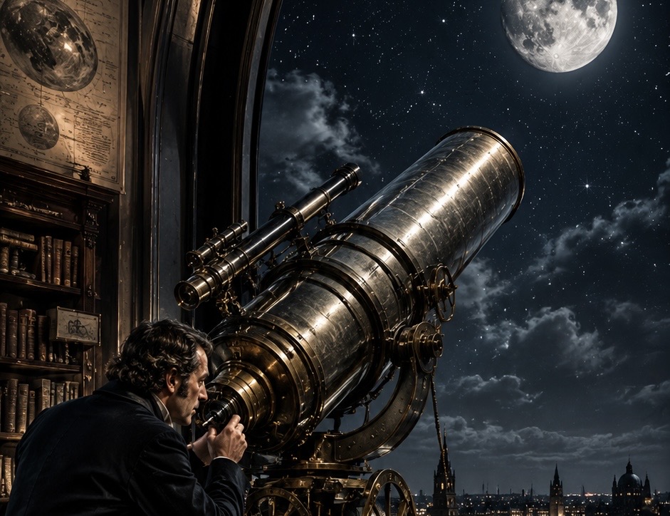 After Eden: Victorian-era astronomer looking through an enormous telescope toward the Moon.