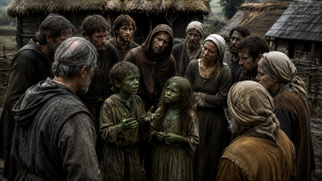 After Eden: Green Children of Woolpit surrounded by medieval villagers. (Cinematic ai generated recreation)