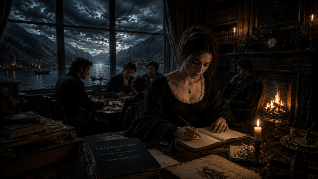 After Eden: The strange gloomy weather during that summer trapped a group of writers indoors near Lake Geneva. One of them was Mary Shelley. (Ai Generated Image)