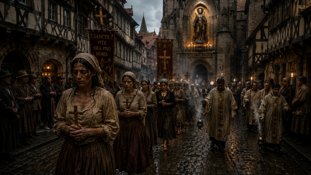 After Eden: The one who were affected ordered to make pilgrimage to Saint Vitus wearing red shoes and sprinkled with holy water. (Ai generated cinematic visual)