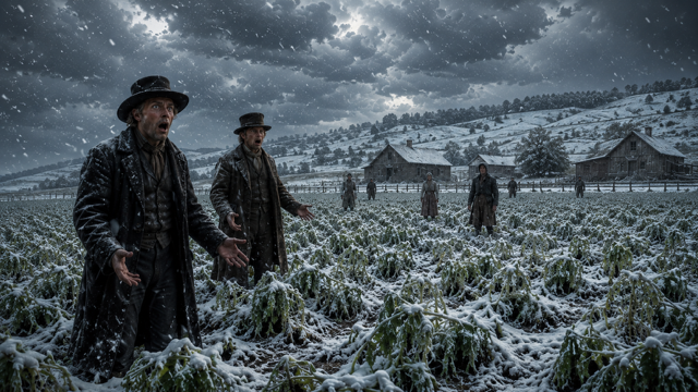 After Eden: Snow falling on green farmland in June, shocked 19th century farmers staring at frozen crops and dark storm clouds overhead. (Cinematic Ai generated depictions).
