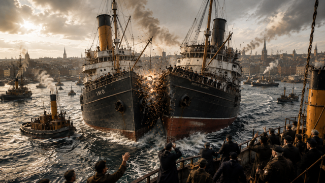 After Eden: Two large ships colliding in Halifax Harbor in 1917, sparks and twisted metal at the point of impact, sailors reacting in shock. (Ai generated)