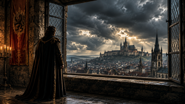 After Eden: A man standing looking through the window over the cite of Prague. (Ai Generated)
