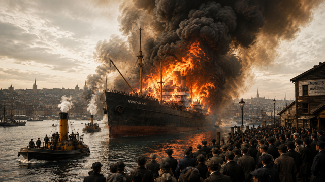 After Eden: French cargo ship SS Mont-Blanc engulfed in flames while drifting through Halifax Harbor, thick black smoke rising into the sky, anxious crowds watching from the shoreline.