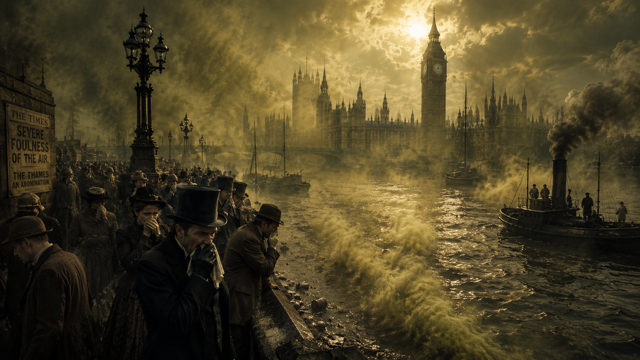 After Eden: Victorian London skyline beside the River Thames, thick greenish haze rising from the water, shocked citizens covering their noses.(Ai generated cinematic image)