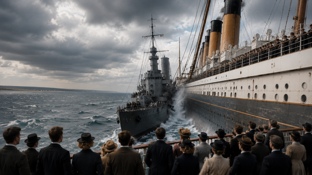 After Eden: RMS Olympic colliding with a British warship at sea, dramatic impact, passengers watching from deck. (Cinematic Depiction -Ai Generated)