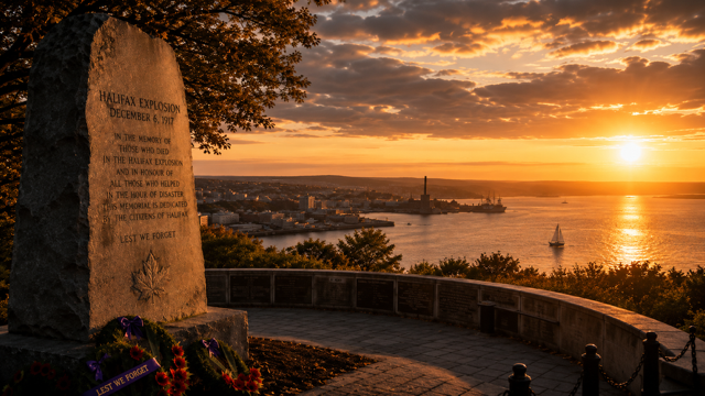 After Eden: Memorial view overlooking Halifax Harbour at sunset, peaceful waters contrasting with the memory of the disaster. (Ai generated)