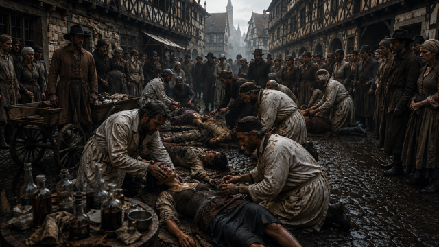 After Eden: Medieval doctors examining dancers in the streets. (Ai generated cinematic visual)