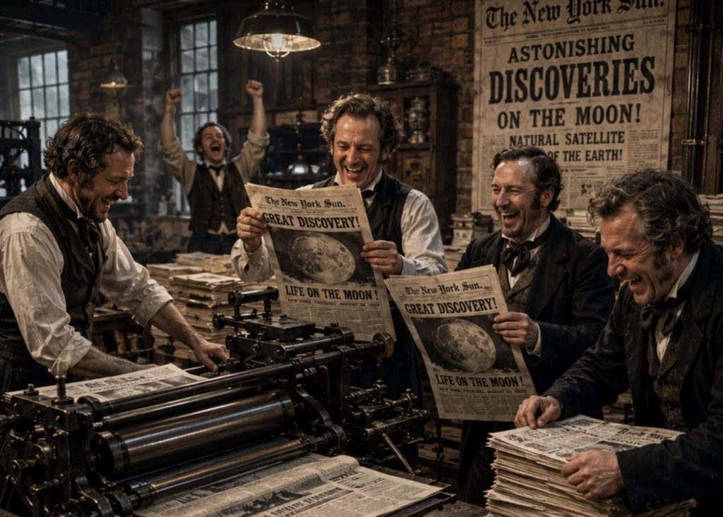 After Eden: Victorian newspaper editors laughing while printing stacks of newspapers. (Ai generated)